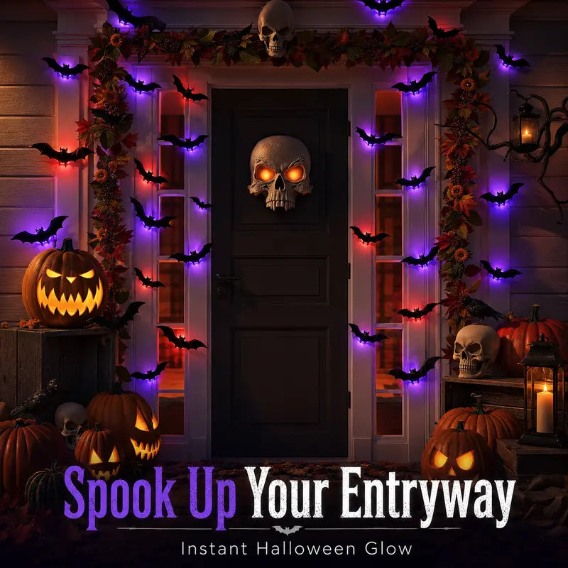 🦇 50% RABATT! 🎃 3D LED-Fladdermöss Halloween-Dekoration – Lila Ljus, Hängande & Väggklistrad – Kuslig Atmosfär för Hem & Fest 🌙