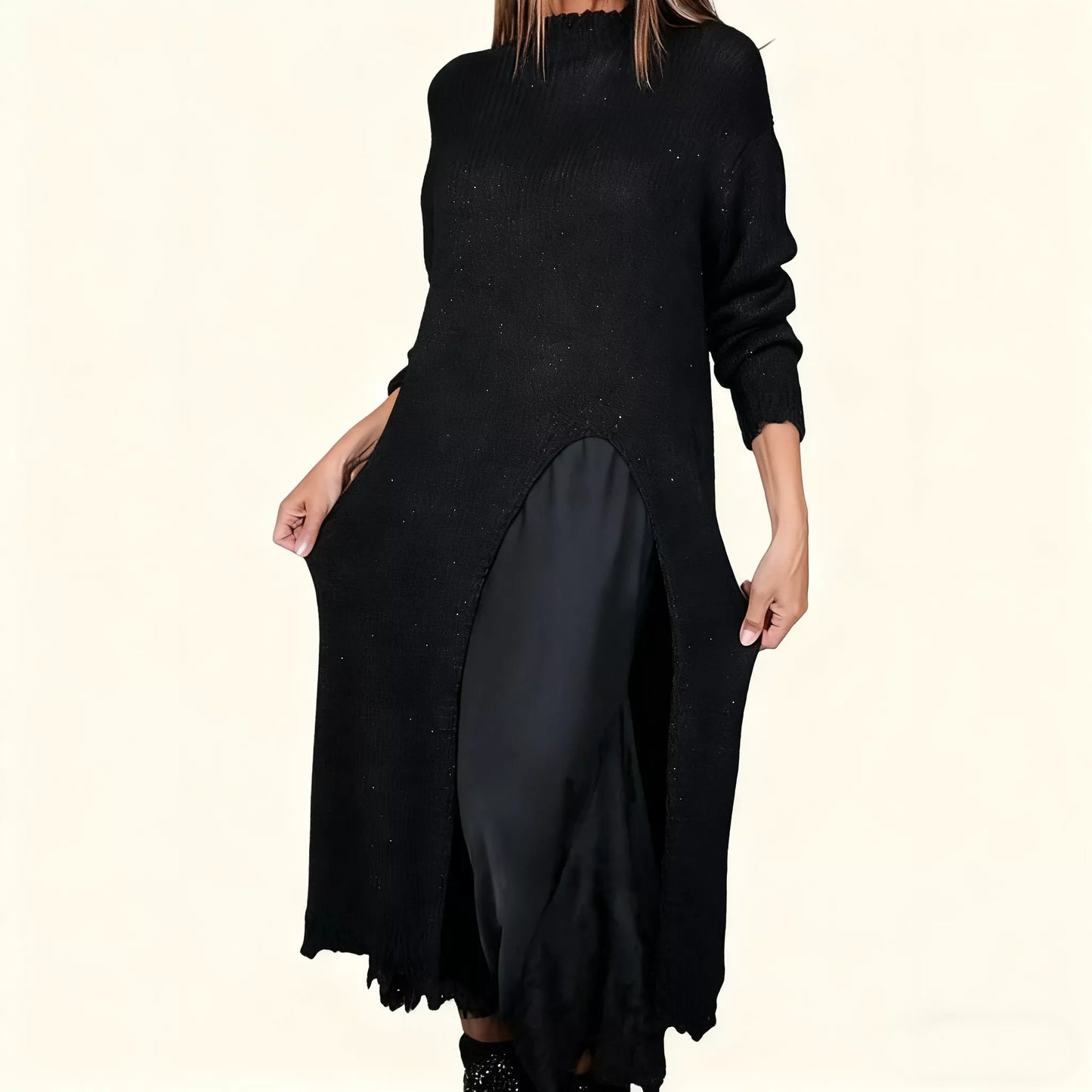 👗 60% RABATT NU! ✨ Dam Lång Stickad Kofta med Spetsinlägg - Elegant Tvådelad Set med Mjukt Stretchtyg för Kontors- och Festlook 💃🌟