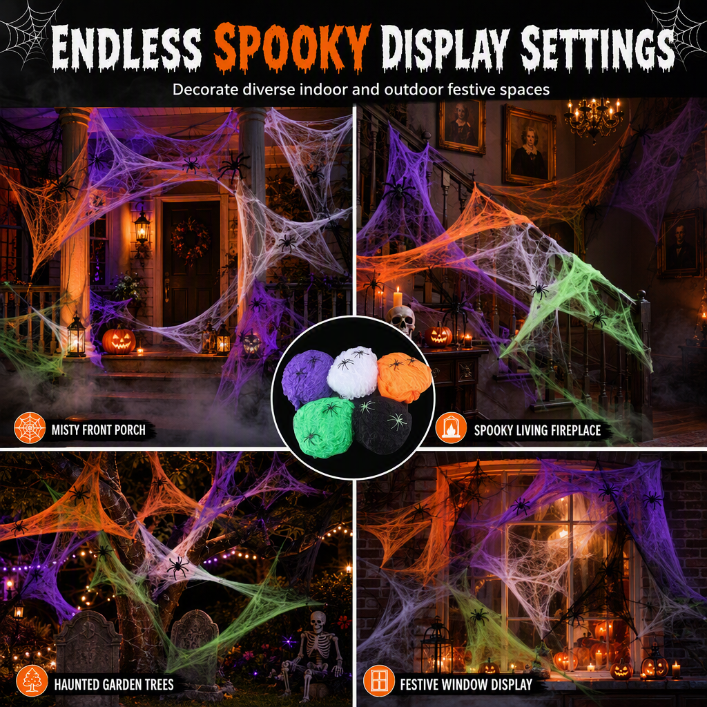Läskiga Spindlar & Töjbart Spindelnät för Halloween-dekoration