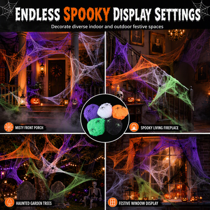 Läskiga Spindlar & Töjbart Spindelnät för Halloween-dekoration