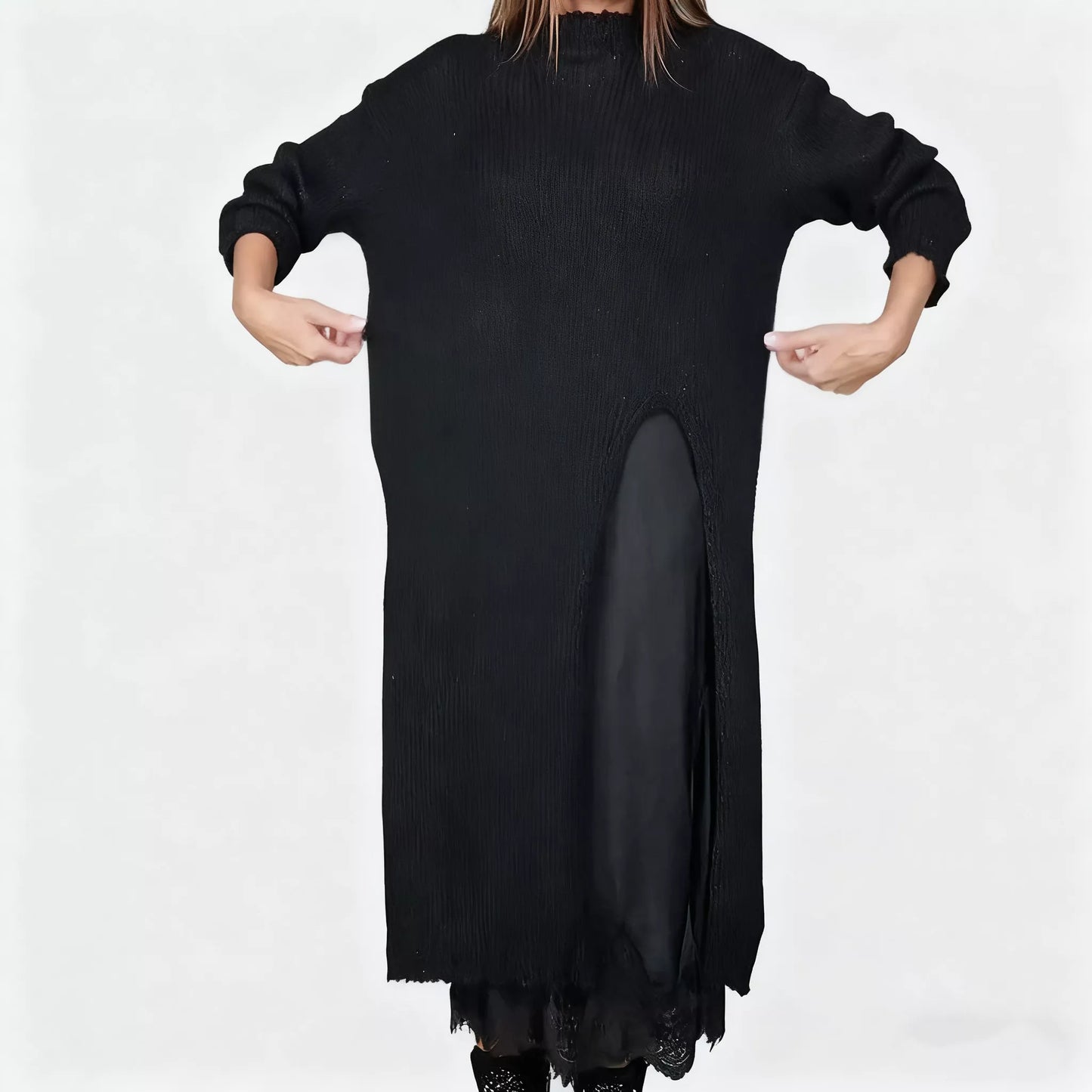 👗 60% RABATT NU! ✨ Dam Lång Stickad Kofta med Spetsinlägg - Elegant Tvådelad Set med Mjukt Stretchtyg för Kontors- och Festlook 💃🌟