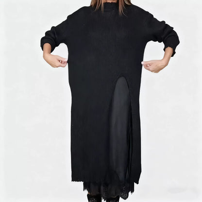 👗 60% RABATT NU! ✨ Dam Lång Stickad Kofta med Spetsinlägg - Elegant Tvådelad Set med Mjukt Stretchtyg för Kontors- och Festlook 💃🌟