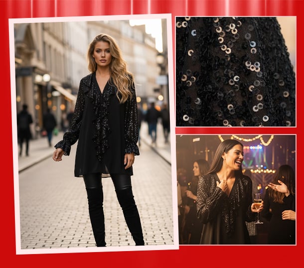 🎅 JULREA✨Damtröja med V-ringning, chiffong och paljetter, långärmad🎁