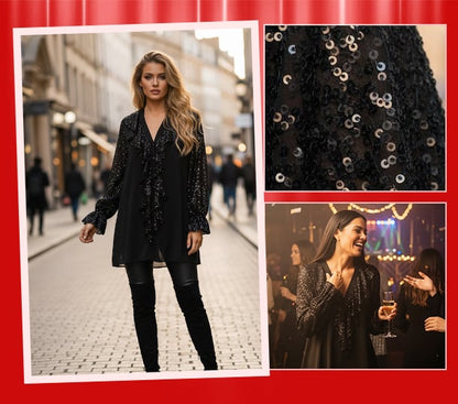 🎅 JULREA✨Damtröja med V-ringning, chiffong och paljetter, långärmad🎁