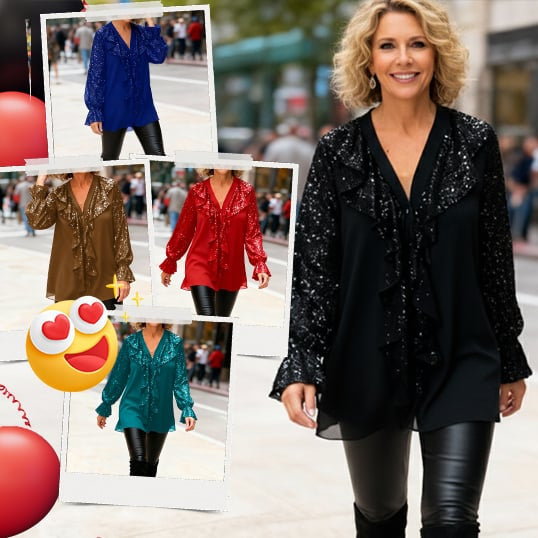 🎅 JULREA✨Damtröja med V-ringning, chiffong och paljetter, långärmad🎁