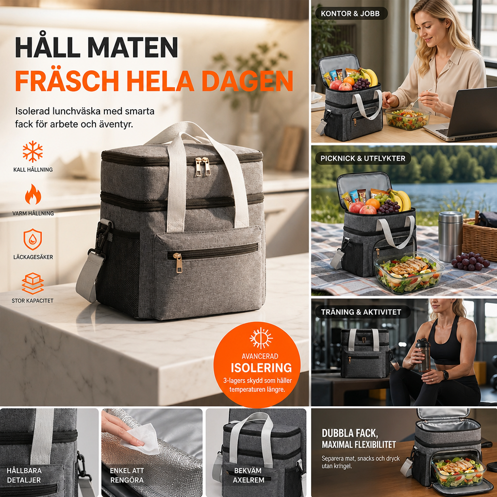 🔥🎁 NYHET – 50 % RABATT!Dubbellagad isolerad matlådeväska – Termisk, fräschör hela dagen