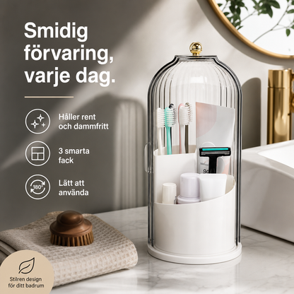 🏡 Tandborstförvaring med Skjutlock – 3 Fack & 360° Roterbar – Håller badrummet ordnat, Lättmonterad & Vattentät – Perfekt för badrum, toalett och familjens hygienprodukter