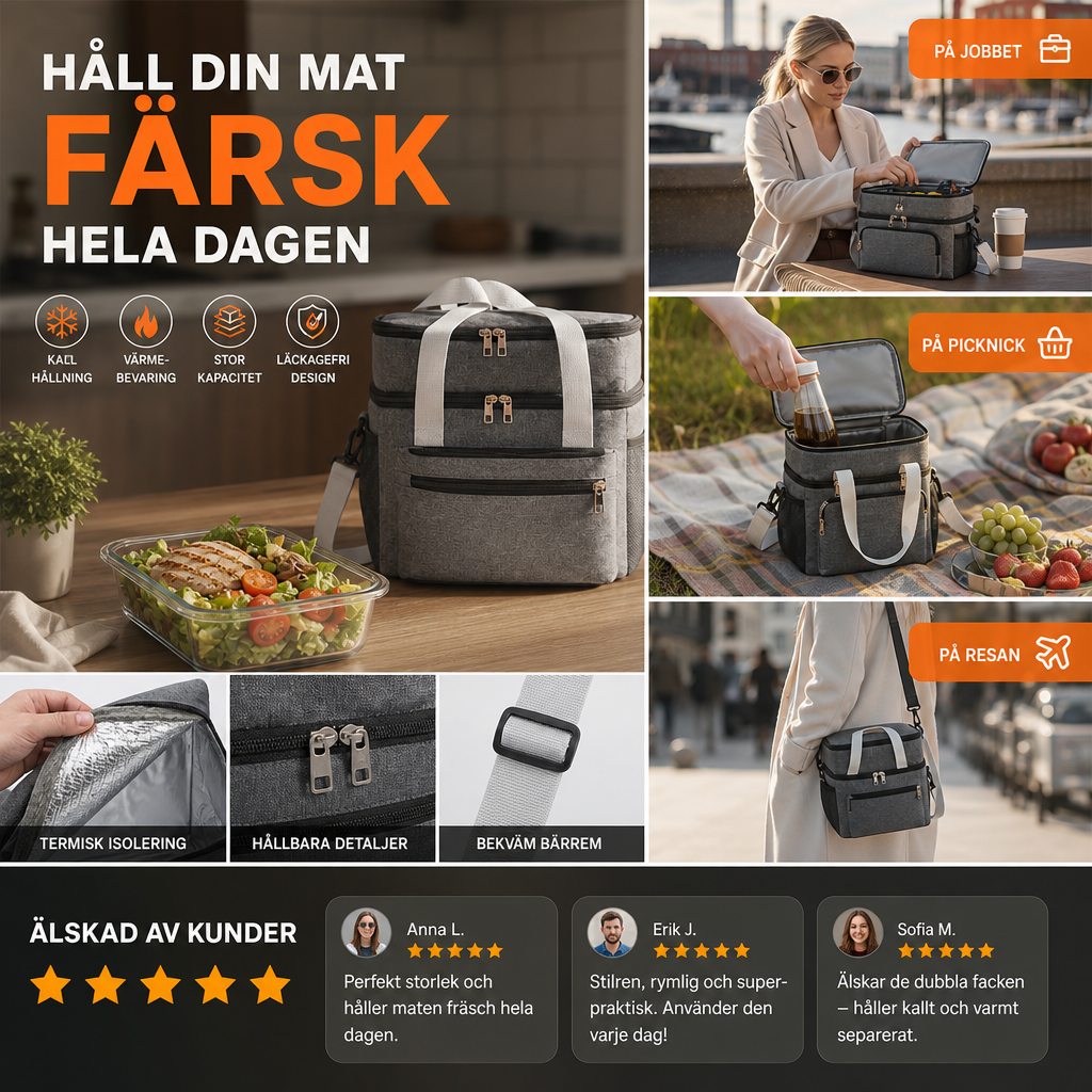 🔥🎁 NYHET – 50 % RABATT!Dubbellagad isolerad matlådeväska – Termisk, fräschör hela dagen