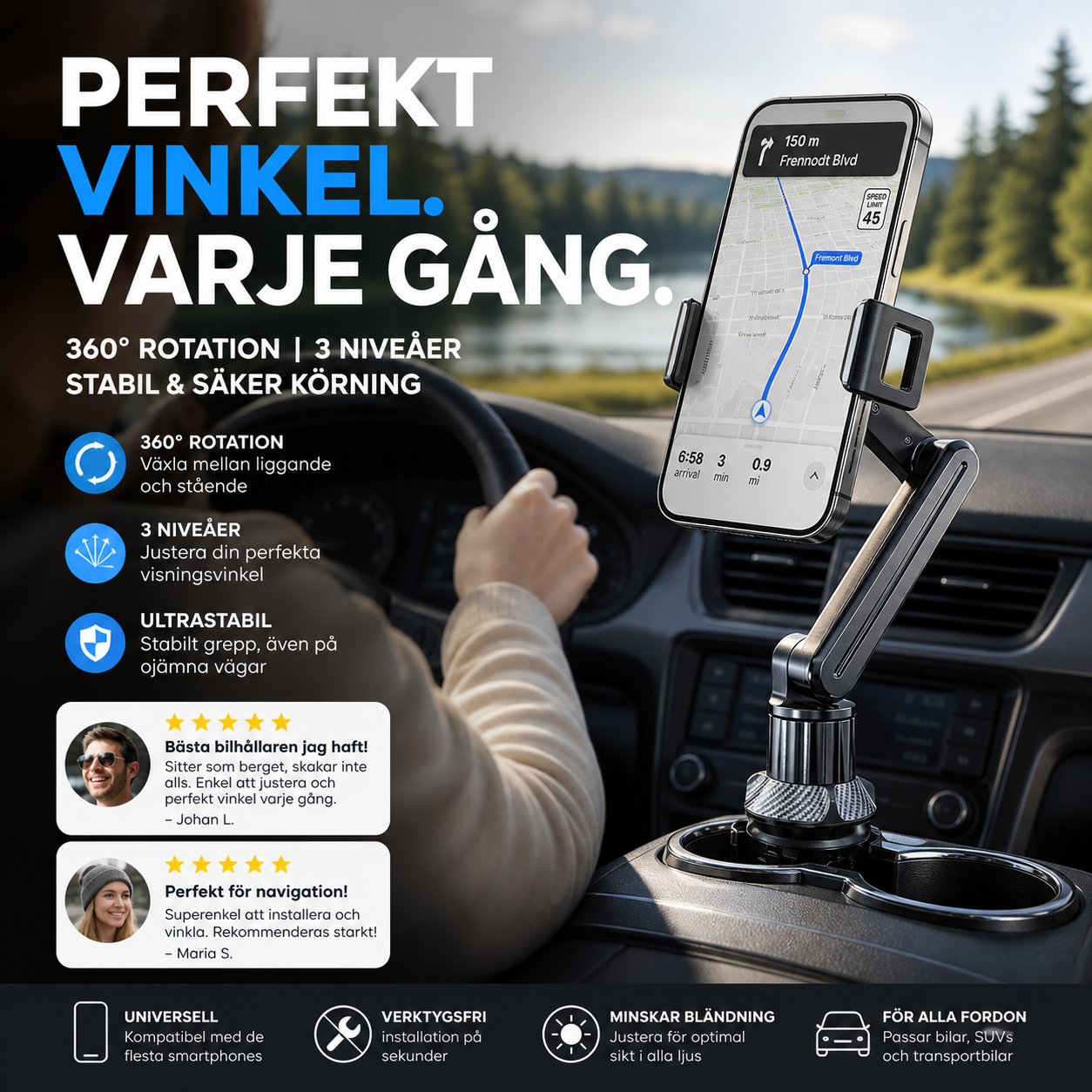 360° vridbar och justerbar kopphållare för bilen