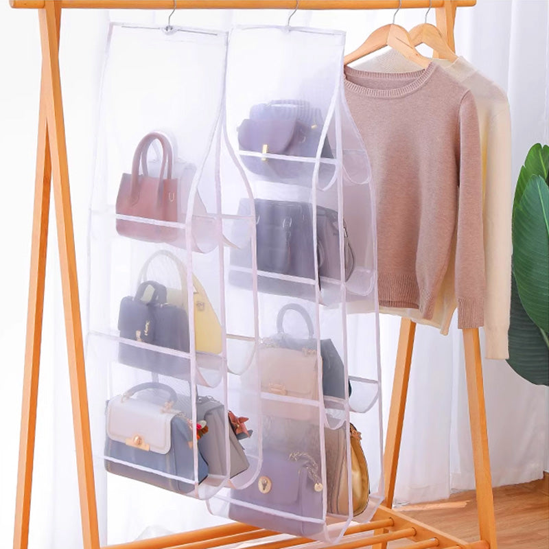 👜 50% RABATT! ✨ HÄNGANDE FÖRVARINGSVÄSKA - 6 Transparenta Fickor med Dammskydd, Vändbar Design för Optimal Organisation, Lättviktsdesign för Garderob 🏠👛