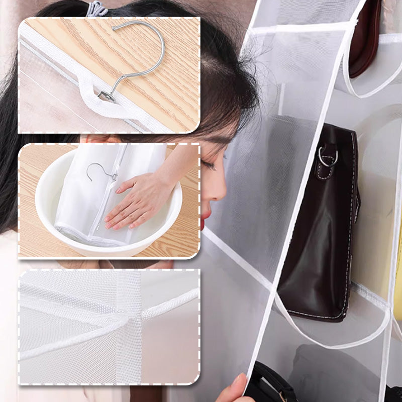 👜 50% RABATT! ✨ HÄNGANDE FÖRVARINGSVÄSKA - 6 Transparenta Fickor med Dammskydd, Vändbar Design för Optimal Organisation, Lättviktsdesign för Garderob 🏠👛