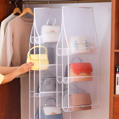 👜 50% RABATT! ✨ HÄNGANDE FÖRVARINGSVÄSKA - 6 Transparenta Fickor med Dammskydd, Vändbar Design för Optimal Organisation, Lättviktsdesign för Garderob 🏠👛