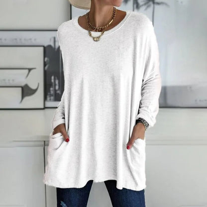 💖SISTA DAGEN AV REAN 50 % RABATT🥰【S-5XL】Rund hals Långärmad lös ficka Solid T-shirt