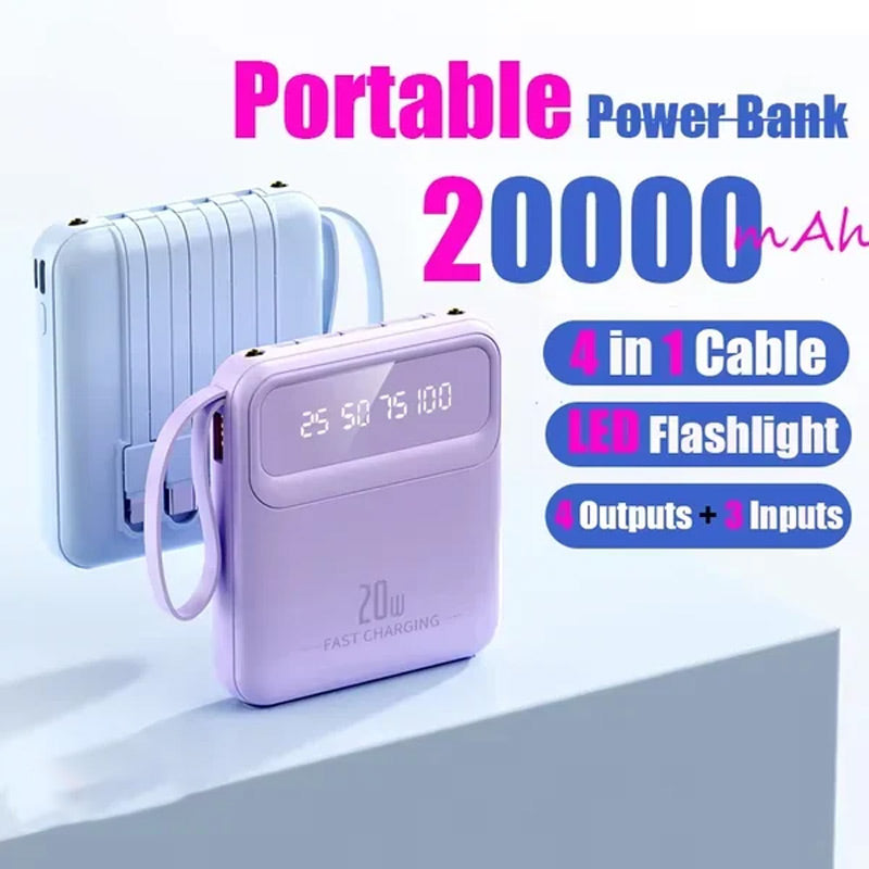 20000mAh portabel laddare med 4 inbyggda kablar