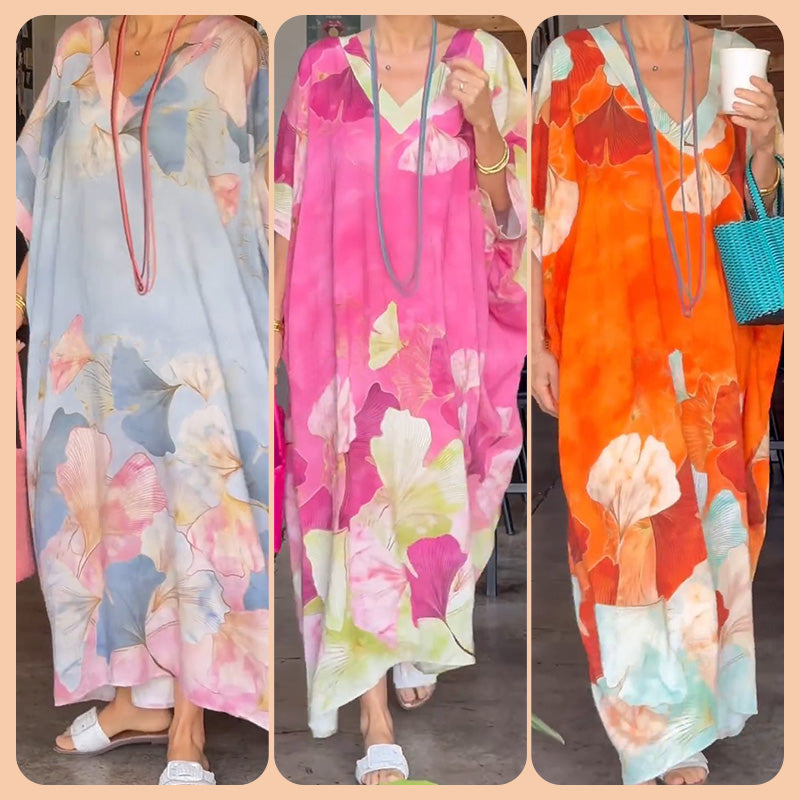 👗 60% RABATT! 🌸 Lätt Långklänning med Halv Ärm i Blommigt Tryck – Flytande Siluett, Avslappnad Passform & Sommarstil ☀️