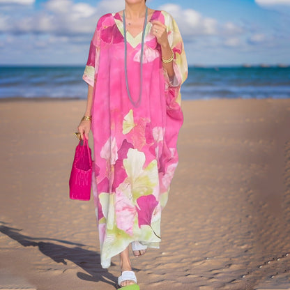 👗 60% RABATT! 🌸 Lätt Långklänning med Halv Ärm i Blommigt Tryck – Flytande Siluett, Avslappnad Passform & Sommarstil ☀️