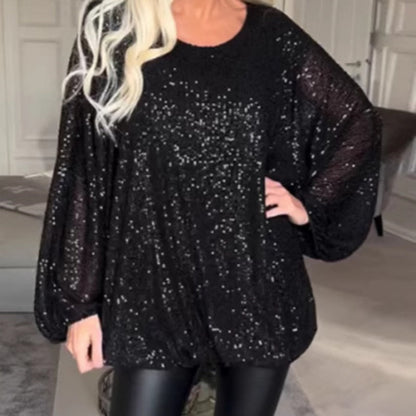 Rund hals Sequin Lång ärm Lös topp