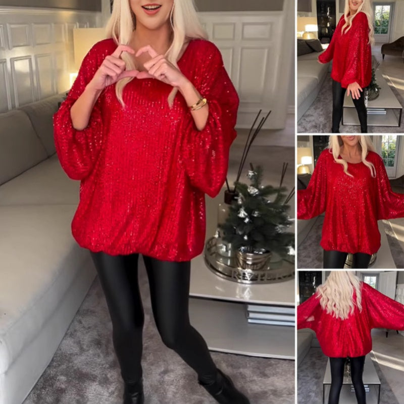 Rund hals Sequin Lång ärm Lös topp