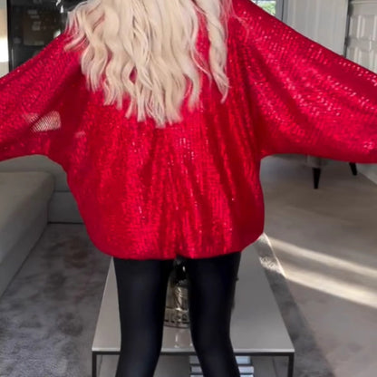 Rund hals Sequin Lång ärm Lös topp