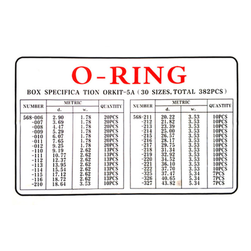 382 PCS O-ringssats av nitrilgummi - 30 storlekar