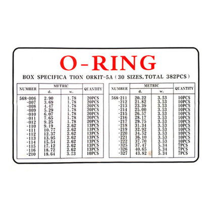 382 PCS O-ringssats av nitrilgummi - 30 storlekar