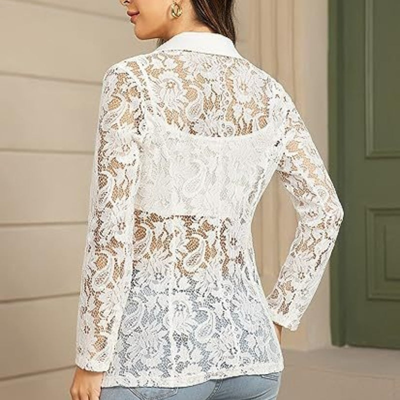 Elegant enknäppt kavaj med spetsuppslag för kvinnor