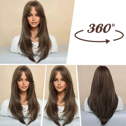 🔥wig Långt hårskiktade lugg peruker