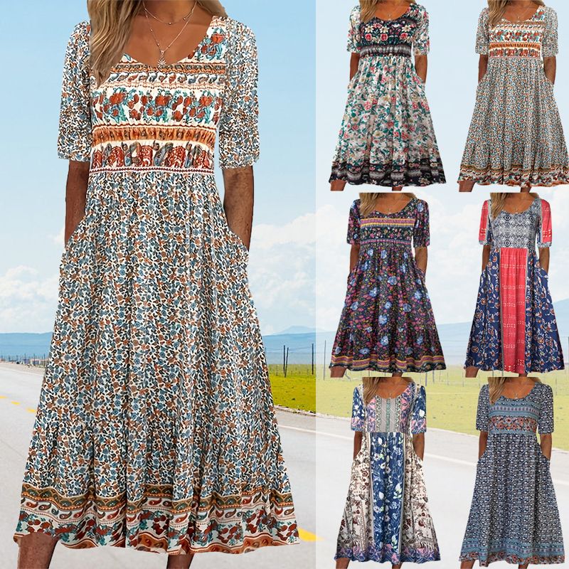 🔥🎁Nyhet 50 % RABATT🔥🌸✨ Elegant klänning med bohemtryck för kvinnor
