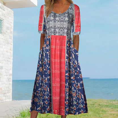 🔥🎁Nyhet 50 % RABATT🔥🌸✨ Elegant klänning med bohemtryck för kvinnor