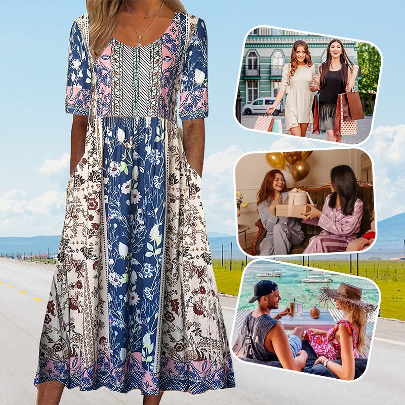 🔥🎁Nyhet 50 % RABATT🔥🌸✨ Elegant klänning med bohemtryck för kvinnor