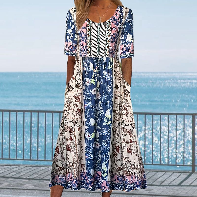 🔥🎁Nyhet 50 % RABATT🔥🌸✨ Elegant klänning med bohemtryck för kvinnor