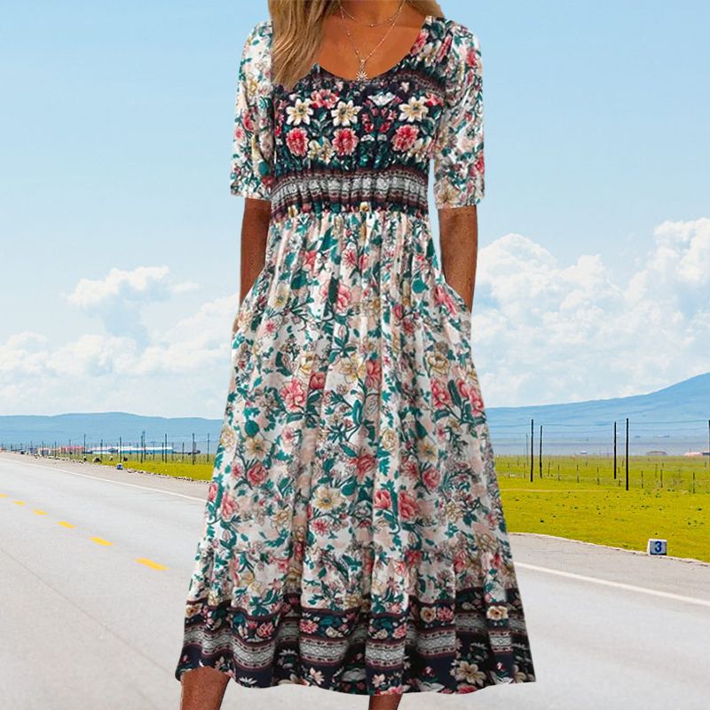 🔥🎁Nyhet 50 % RABATT🔥🌸✨ Elegant klänning med bohemtryck för kvinnor