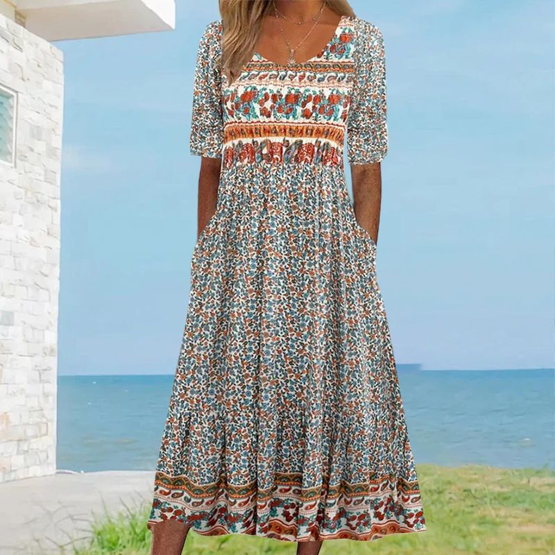 🔥🎁Nyhet 50 % RABATT🔥🌸✨ Elegant klänning med bohemtryck för kvinnor