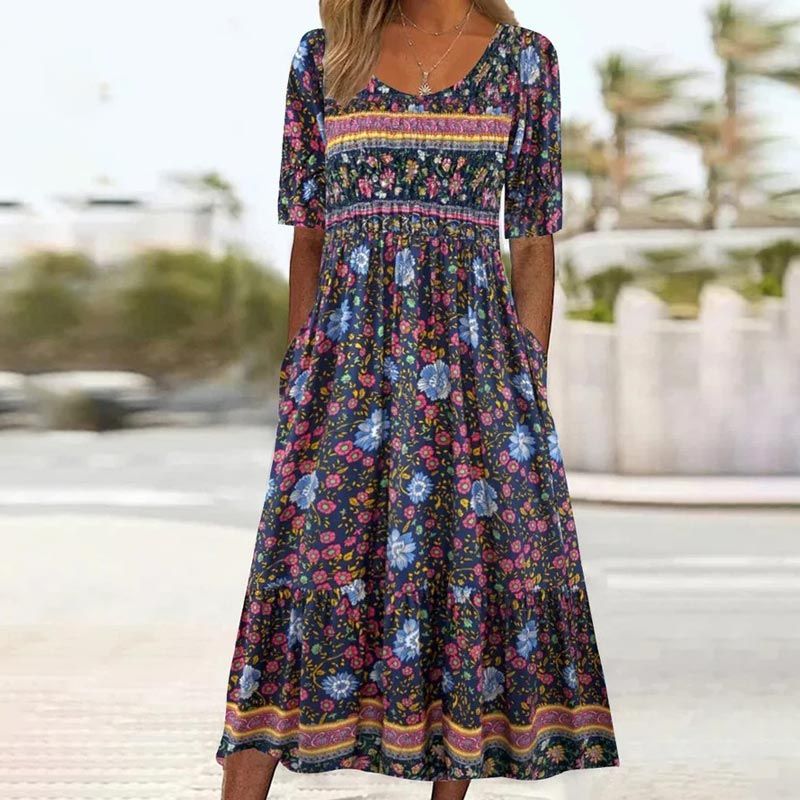 🔥🎁Nyhet 50 % RABATT🔥🌸✨ Elegant klänning med bohemtryck för kvinnor