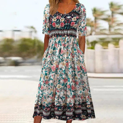 🔥🎁Nyhet 50 % RABATT🔥🌸✨ Elegant klänning med bohemtryck för kvinnor