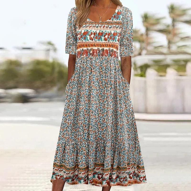 🔥🎁Nyhet 50 % RABATT🔥🌸✨ Elegant klänning med bohemtryck för kvinnor