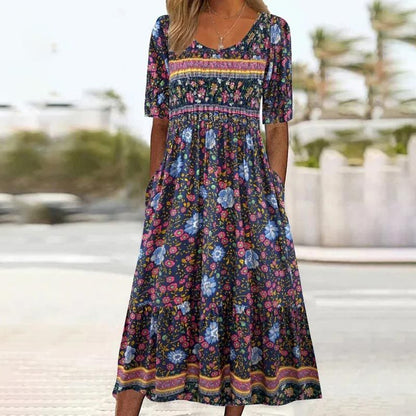 🔥🎁Nyhet 50 % RABATT🔥🌸✨ Elegant klänning med bohemtryck för kvinnor