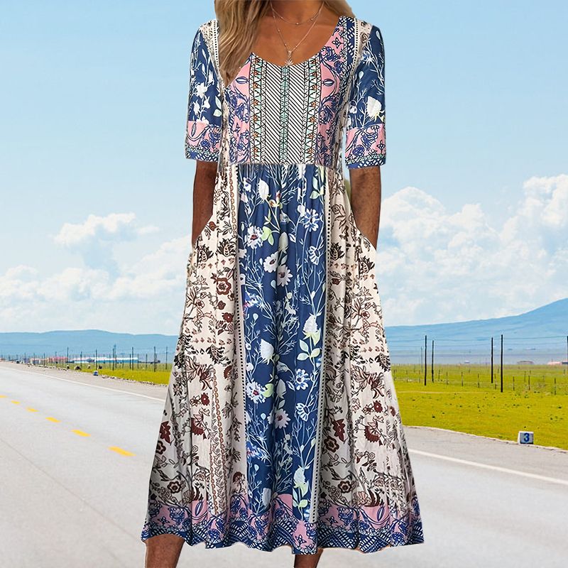 🔥🎁Nyhet 50 % RABATT🔥🌸✨ Elegant klänning med bohemtryck för kvinnor