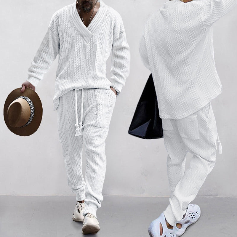 💥GRATIS FRAKT 💥 Tvådelat set för män med löst sittande sweatshirt med V-ringning och joggingbyxor