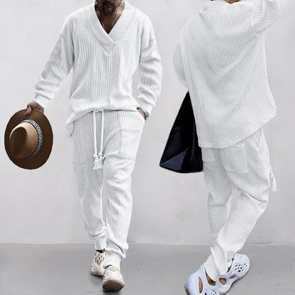 💥GRATIS FRAKT 💥 Tvådelat set för män med löst sittande sweatshirt med V-ringning och joggingbyxor