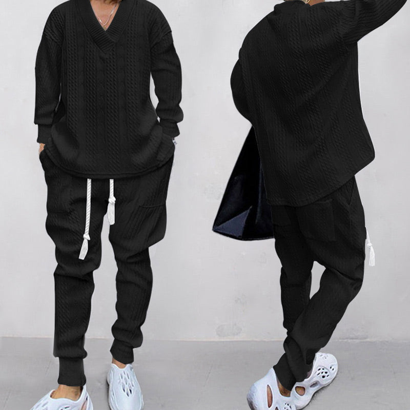 💥GRATIS FRAKT 💥 Tvådelat set för män med löst sittande sweatshirt med V-ringning och joggingbyxor