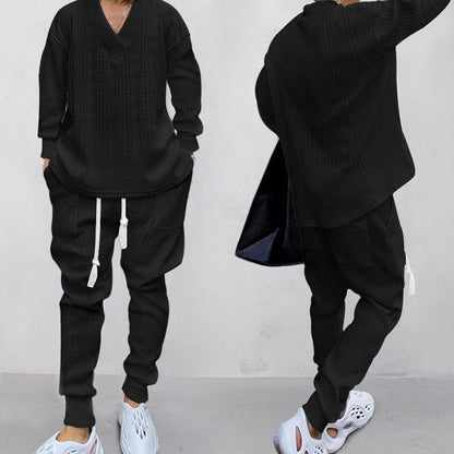 💥GRATIS FRAKT 💥 Tvådelat set för män med löst sittande sweatshirt med V-ringning och joggingbyxor