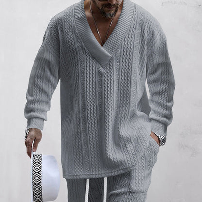💥GRATIS FRAKT 💥 Tvådelat set för män med löst sittande sweatshirt med V-ringning och joggingbyxor