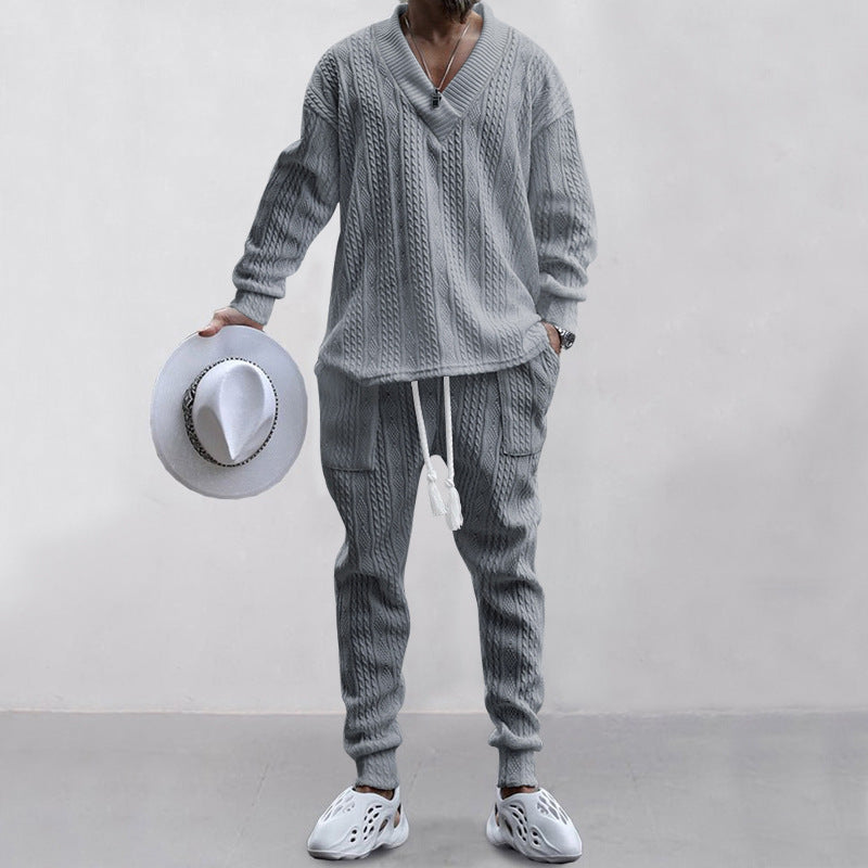 💥GRATIS FRAKT 💥 Tvådelat set för män med löst sittande sweatshirt med V-ringning och joggingbyxor