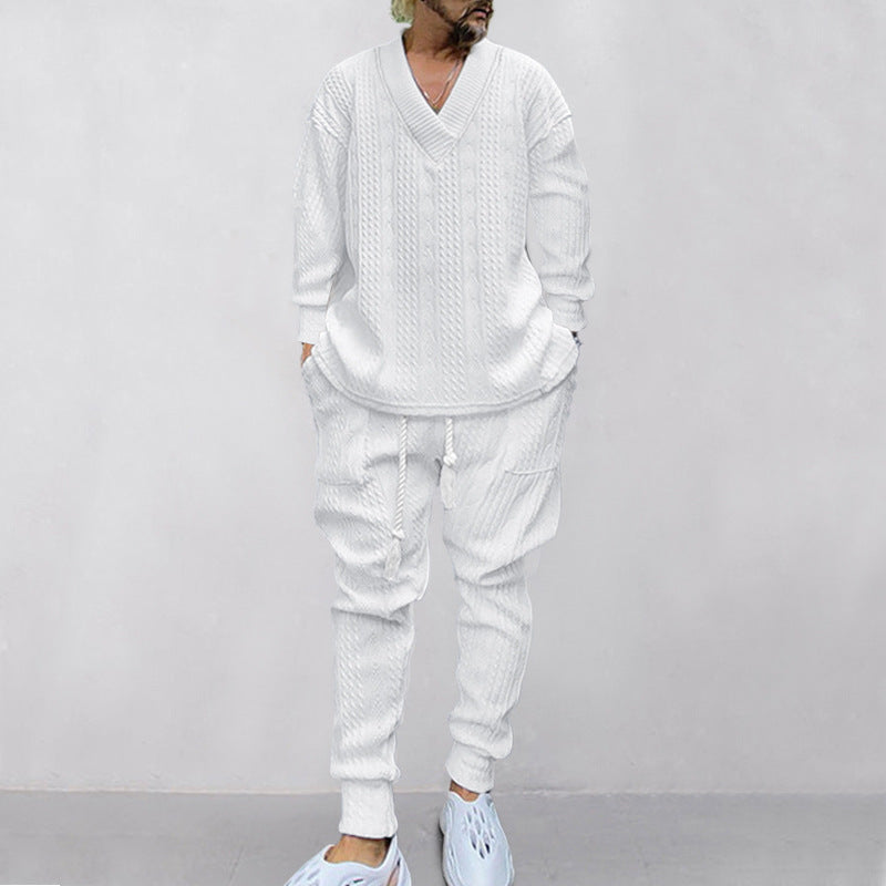 💥GRATIS FRAKT 💥 Tvådelat set för män med löst sittande sweatshirt med V-ringning och joggingbyxor