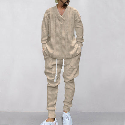 💥GRATIS FRAKT 💥 Tvådelat set för män med löst sittande sweatshirt med V-ringning och joggingbyxor