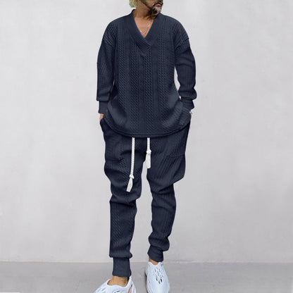 💥GRATIS FRAKT 💥 Tvådelat set för män med löst sittande sweatshirt med V-ringning och joggingbyxor