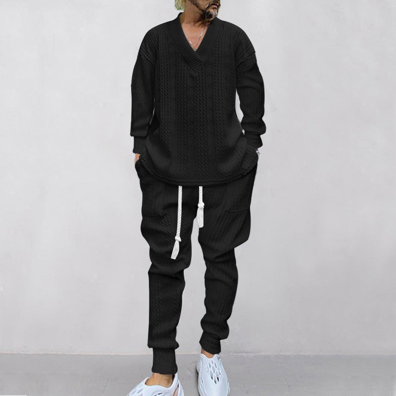 💥GRATIS FRAKT 💥 Tvådelat set för män med löst sittande sweatshirt med V-ringning och joggingbyxor
