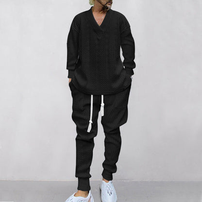 💥GRATIS FRAKT 💥 Tvådelat set för män med löst sittande sweatshirt med V-ringning och joggingbyxor