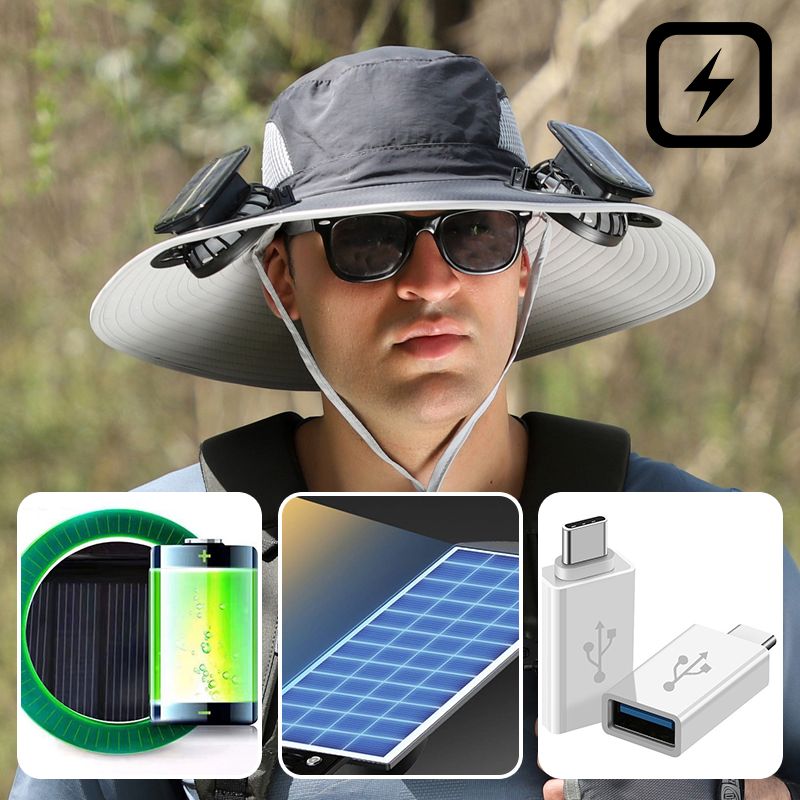 🧢 50% RABATT NU!🌬️ Herr Solhatt med 2 Avtagbara Solfläktar – UPF 50+ & USB-laddning ☀️